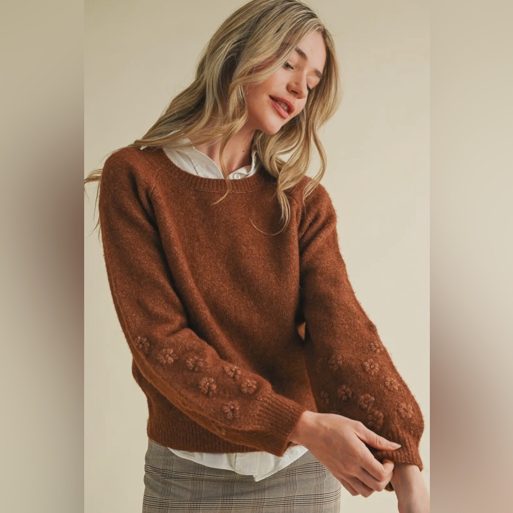 &Merci, Mocha Brown Floral Knit Puff Sleeve Sweater, s m l